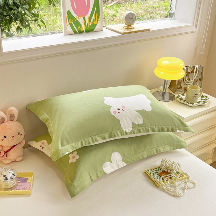 91家纺网 家纺一手货源 找家纺 绵庭 2023新款全棉印花枕套 萌萌兔-绿