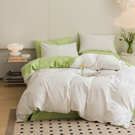 91家纺网 家纺一手货源 找家纺 寐眠 2023新款40支长绒棉全棉纯棉纯色双拼四件套 本白+果绿