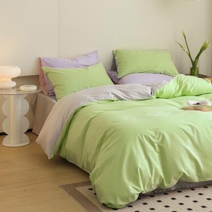 91家纺网 家纺一手货源 找家纺 寐眠 2023新款40支长绒棉全棉纯棉纯色双拼四件套 果绿+米灰