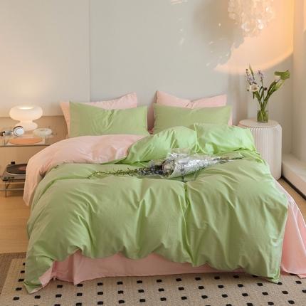 91家纺网 家纺一手货源 找家纺 寐眠 2023新款40支长绒棉全棉纯棉纯色双拼四件套 果绿+皮粉