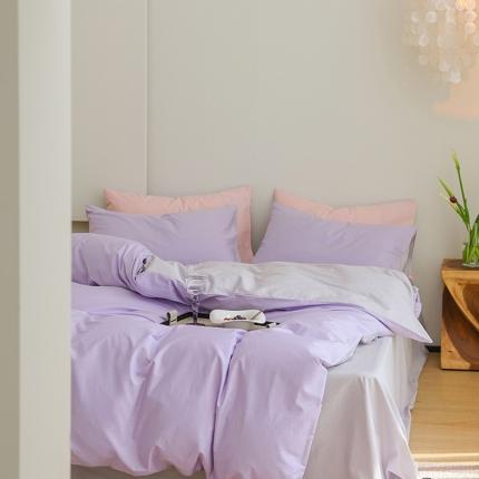 91家纺网 家纺一手货源 找家纺 寐眠 2023新款40支长绒棉全棉纯棉纯色双拼四件套 浅紫+米灰