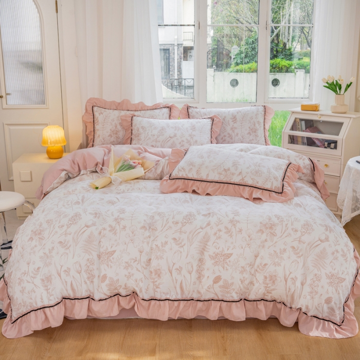 91家纺网 家纺一手货源 找家纺 尹黛尔 2024新款水洗棉麻四件套韩版双层纱轻法式花边四件套 曼芮粉