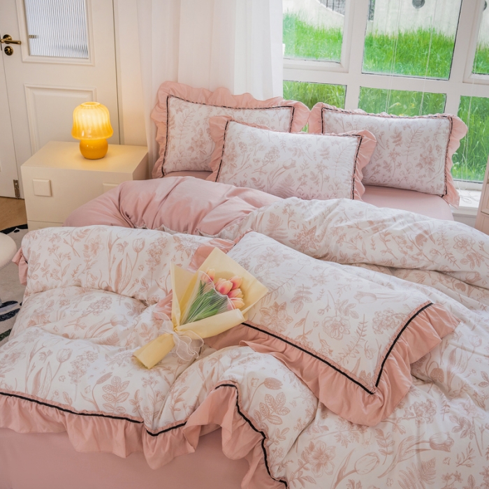 91家纺网 家纺一手货源 找家纺 尹黛尔 2024新款水洗棉麻四件套韩版双层纱轻法式花边四件套 曼芮粉