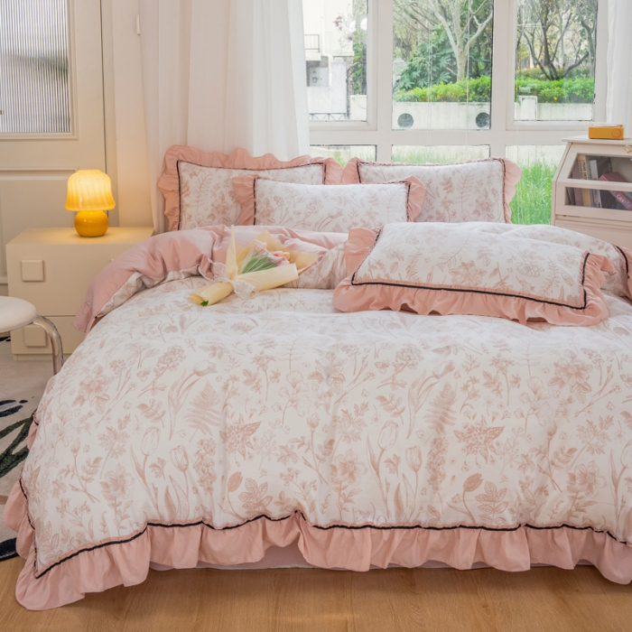 91家纺网 家纺一手货源 找家纺 尹黛尔 2024新款水洗棉麻四件套韩版双层纱轻法式花边四件套 曼芮粉