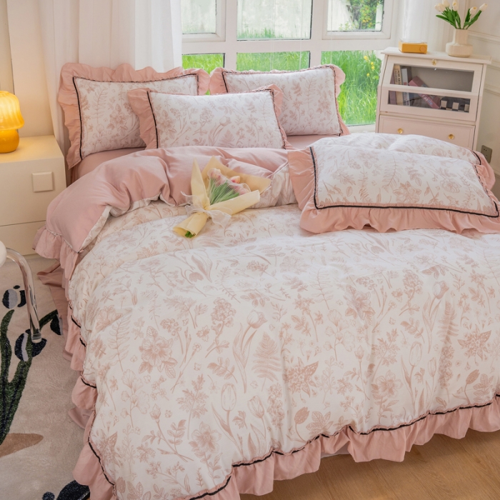 91家纺网 家纺一手货源 找家纺 尹黛尔 2024新款水洗棉麻四件套韩版双层纱轻法式花边四件套 曼芮粉