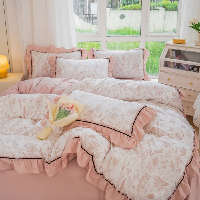 91家纺网 家纺一手货源 找家纺 尹黛尔 2024新款水洗棉麻四件套韩版双层纱轻法式花边四件套 曼芮粉