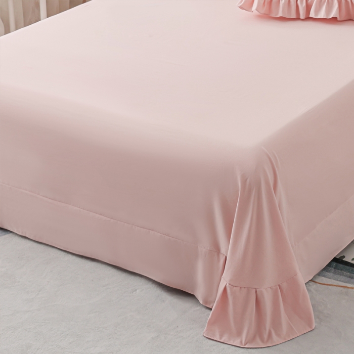 91家纺网 家纺一手货源 找家纺 尹黛尔 2024新款水洗棉麻四件套韩版双层纱轻法式花边四件套 曼芮粉