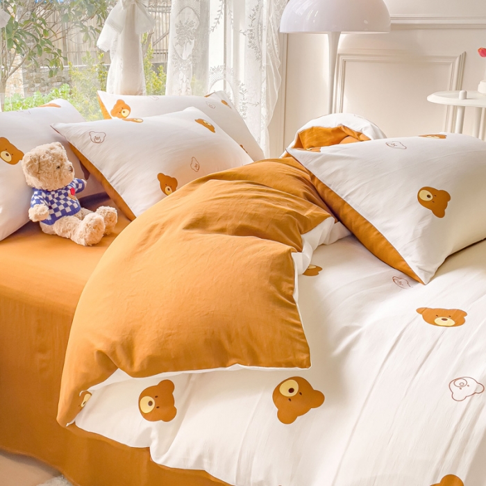 91家纺网 家纺一手货源 找家纺 米瑞娜 2024新款春夏105克双层纱水洗棉麻印花四件套  巧克栗