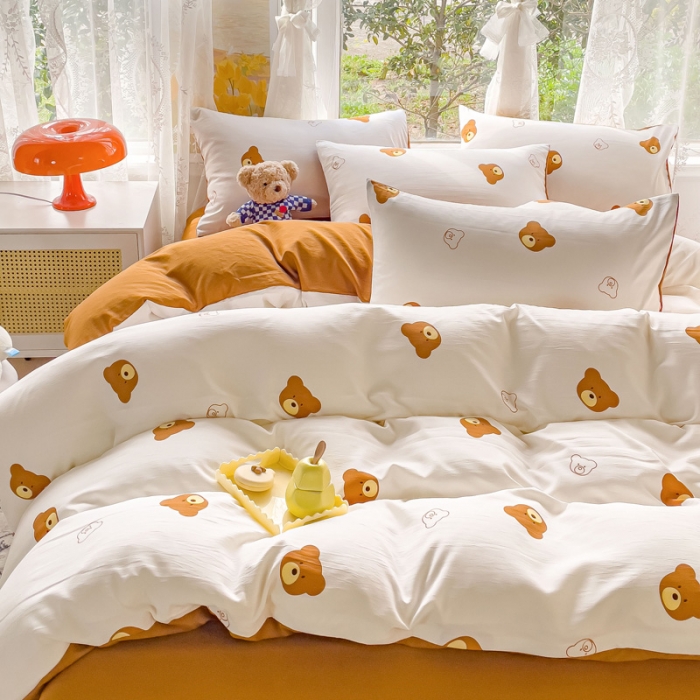 91家纺网 家纺一手货源 找家纺 米瑞娜 2024新款春夏105克双层纱水洗棉麻印花四件套  巧克栗