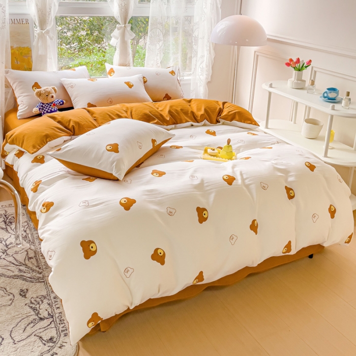 91家纺网 家纺一手货源 找家纺 米瑞娜 2024新款春夏105克双层纱水洗棉麻印花四件套  巧克栗