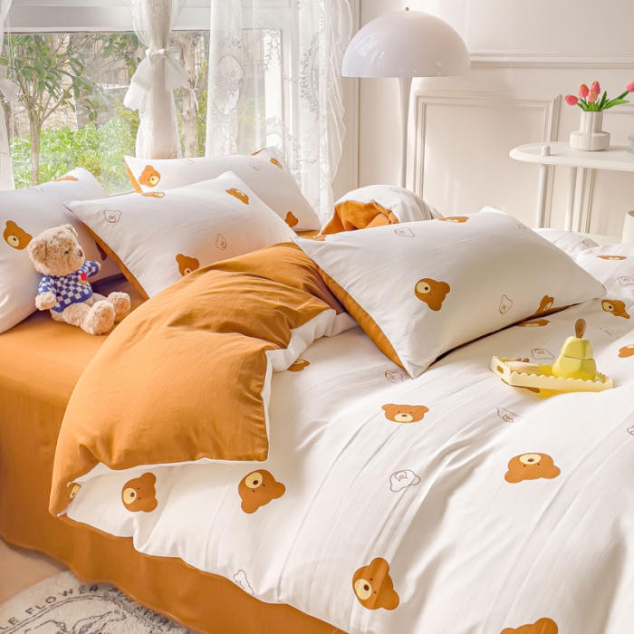 91家纺网 家纺一手货源 找家纺 米瑞娜 2024新款春夏105克双层纱水洗棉麻印花四件套  巧克栗