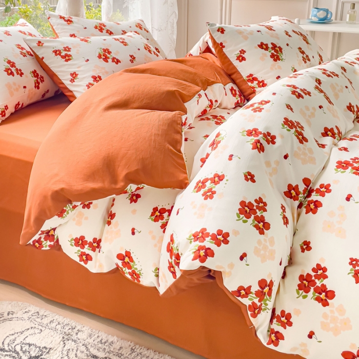 91家纺网 家纺一手货源 找家纺 米瑞娜 2024新款春夏105克双层纱水洗棉麻印花四件套  远晴-米