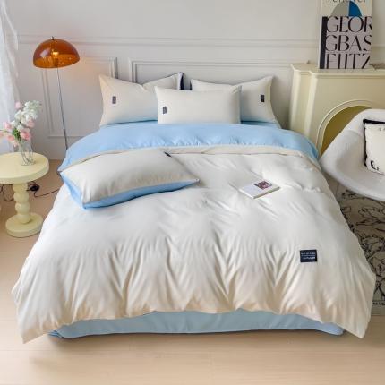 91家纺网 家纺一手货源 找家纺 米瑞娜 2024新款 水洗棉麻双拼纯色四件套 奶白+淡蓝