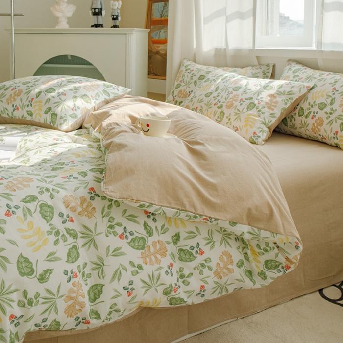 91家纺网 家纺一手货源 找家纺 苏东来2023全棉母婴双层纱印花四件套长绒纯棉麻色织提花磨毛夏被四件套 绿草如茵