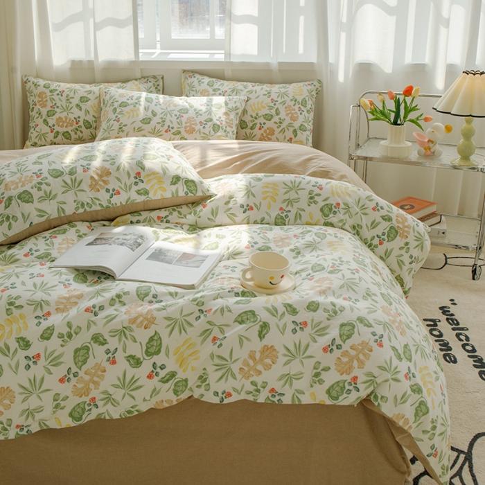 91家纺网 家纺一手货源 找家纺 苏东来2023全棉母婴双层纱印花四件套长绒纯棉麻色织提花磨毛夏被四件套 绿草如茵