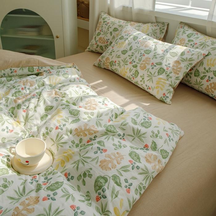 91家纺网 家纺一手货源 找家纺 苏东来2023全棉母婴双层纱印花四件套长绒纯棉麻色织提花磨毛夏被四件套 绿草如茵