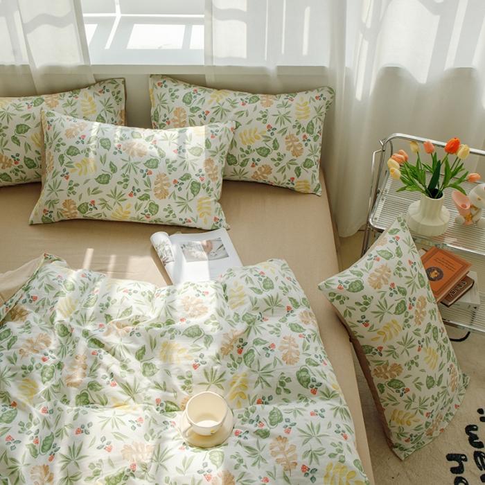 91家纺网 家纺一手货源 找家纺 苏东来2023全棉母婴双层纱印花四件套长绒纯棉麻色织提花磨毛夏被四件套 绿草如茵