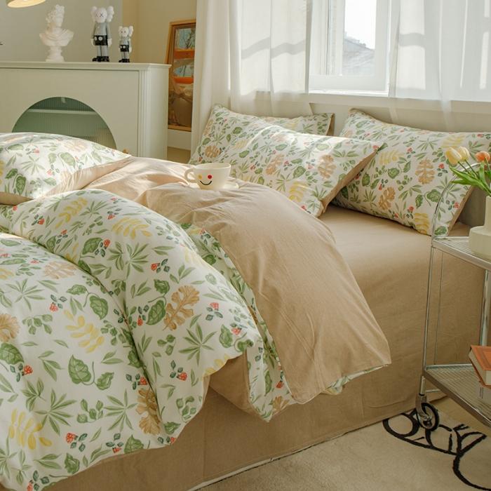 91家纺网 家纺一手货源 找家纺 苏东来2023全棉母婴双层纱印花四件套长绒纯棉麻色织提花磨毛夏被四件套 绿草如茵