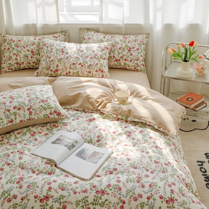 91家纺网 家纺一手货源 找家纺 苏东来2023全棉母婴双层纱印花四件套长绒纯棉麻色织提花磨毛夏被四件套 蔷薇花