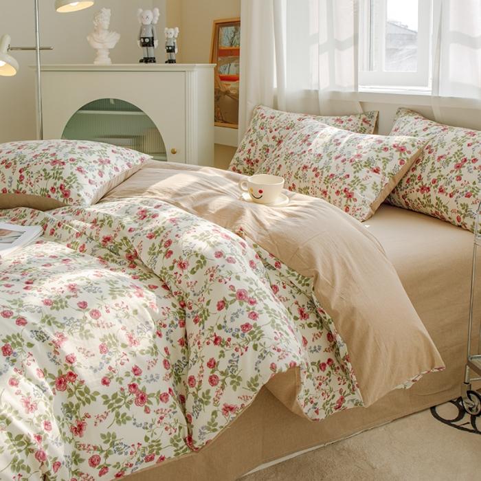 91家纺网 家纺一手货源 找家纺 苏东来2023全棉母婴双层纱印花四件套长绒纯棉麻色织提花磨毛夏被四件套 蔷薇花