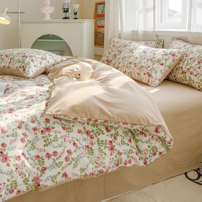 91家纺网 家纺一手货源 找家纺 苏东来2023全棉母婴双层纱印花四件套长绒纯棉麻色织提花磨毛夏被四件套 蔷薇花