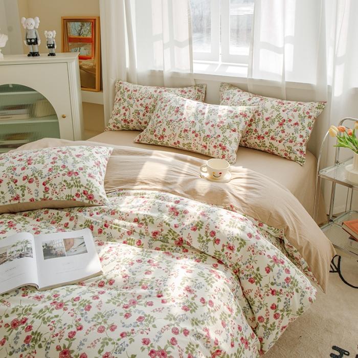 91家纺网 家纺一手货源 找家纺 苏东来2023全棉母婴双层纱印花四件套长绒纯棉麻色织提花磨毛夏被四件套 蔷薇花