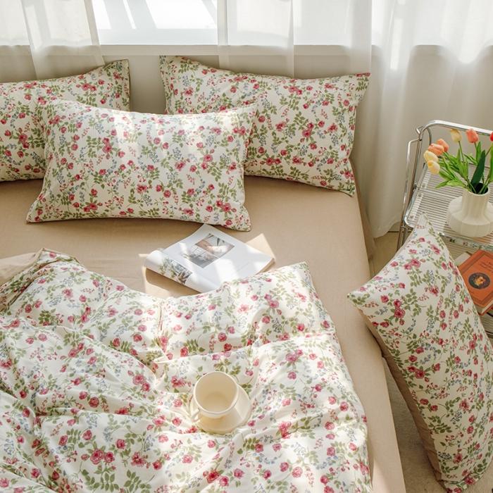 91家纺网 家纺一手货源 找家纺 苏东来2023全棉母婴双层纱印花四件套长绒纯棉麻色织提花磨毛夏被四件套 蔷薇花