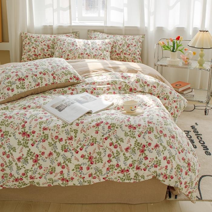 91家纺网 家纺一手货源 找家纺 苏东来2023全棉母婴双层纱印花四件套长绒纯棉麻色织提花磨毛夏被四件套 蔷薇花