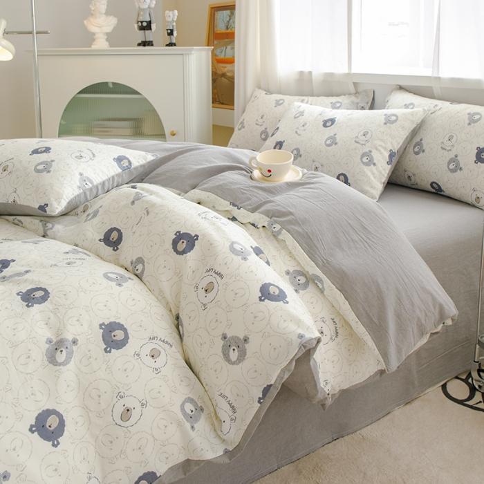 91家纺网 家纺一手货源 找家纺 苏东来2023全棉母婴双层纱印花四件套长绒纯棉麻色织提花磨毛夏被四件套 可爱小熊