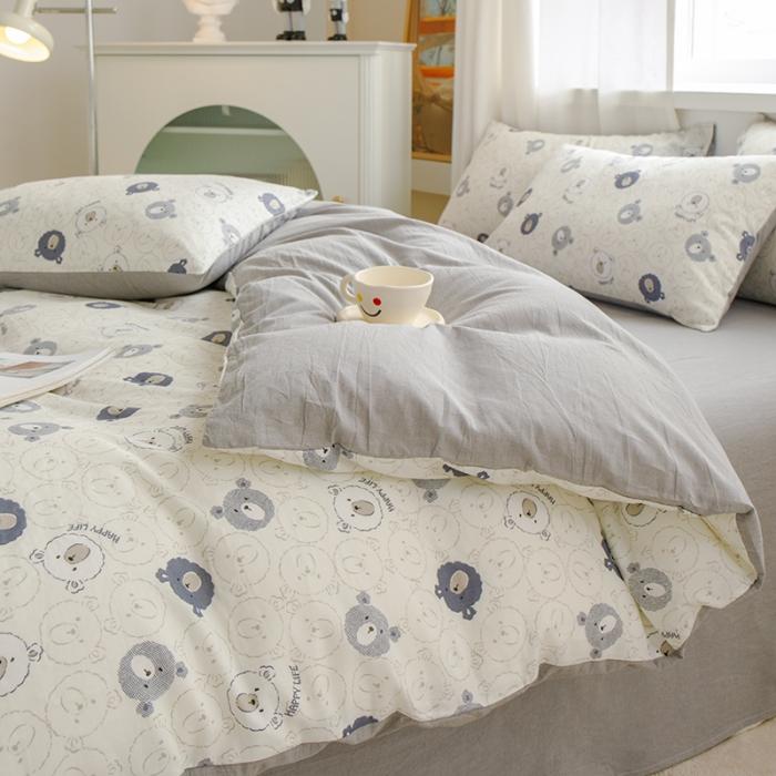 91家纺网 家纺一手货源 找家纺 苏东来2023全棉母婴双层纱印花四件套长绒纯棉麻色织提花磨毛夏被四件套 可爱小熊