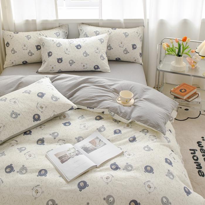 91家纺网 家纺一手货源 找家纺 苏东来2023全棉母婴双层纱印花四件套长绒纯棉麻色织提花磨毛夏被四件套 可爱小熊