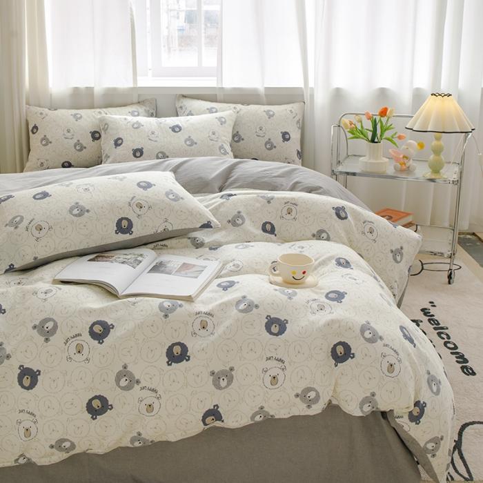 91家纺网 家纺一手货源 找家纺 苏东来2023全棉母婴双层纱印花四件套长绒纯棉麻色织提花磨毛夏被四件套 可爱小熊