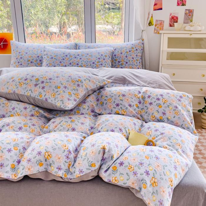 91家纺网 家纺一手货源 找家纺 苏东来2023全棉母婴双层纱印花四件套长绒纯棉麻色织提花磨毛夏被四件套 万紫千红