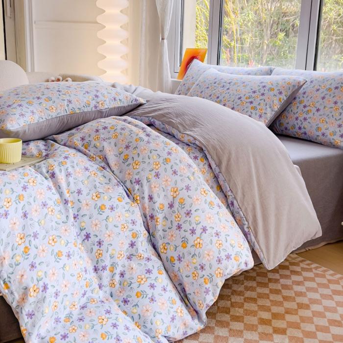 91家纺网 家纺一手货源 找家纺 苏东来2023全棉母婴双层纱印花四件套长绒纯棉麻色织提花磨毛夏被四件套 万紫千红