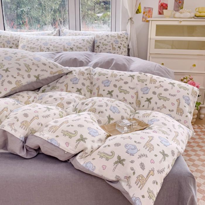 91家纺网 家纺一手货源 找家纺 苏东来2023全棉母婴双层纱印花四件套长绒纯棉麻色织提花磨毛夏被四件套 童乐园