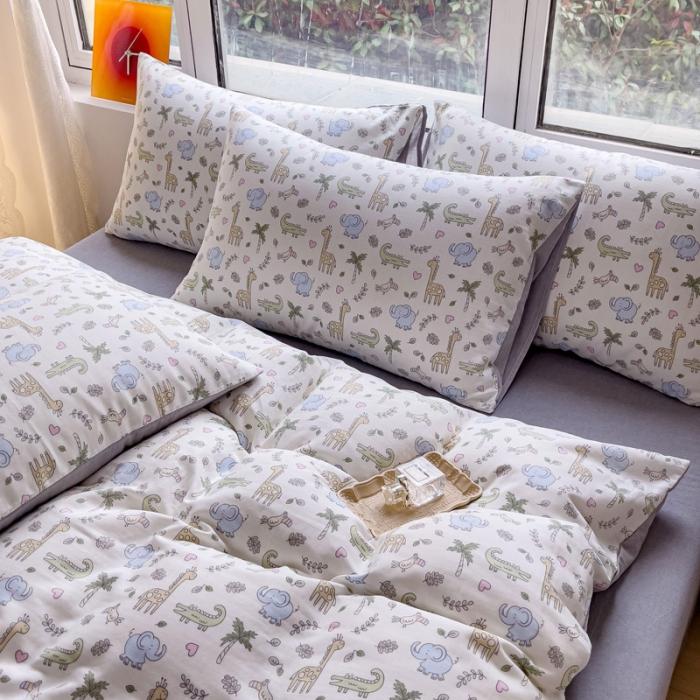 91家纺网 家纺一手货源 找家纺 苏东来2023全棉母婴双层纱印花四件套长绒纯棉麻色织提花磨毛夏被四件套 童乐园