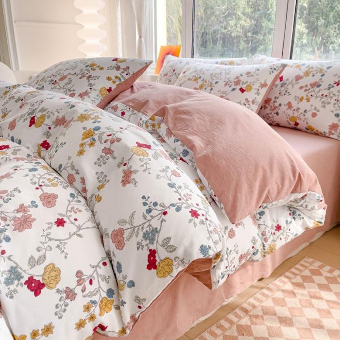 91家纺网 家纺一手货源 找家纺 苏东来2023全棉母婴双层纱印花四件套长绒纯棉麻色织提花磨毛夏被四件套 含苞欲放