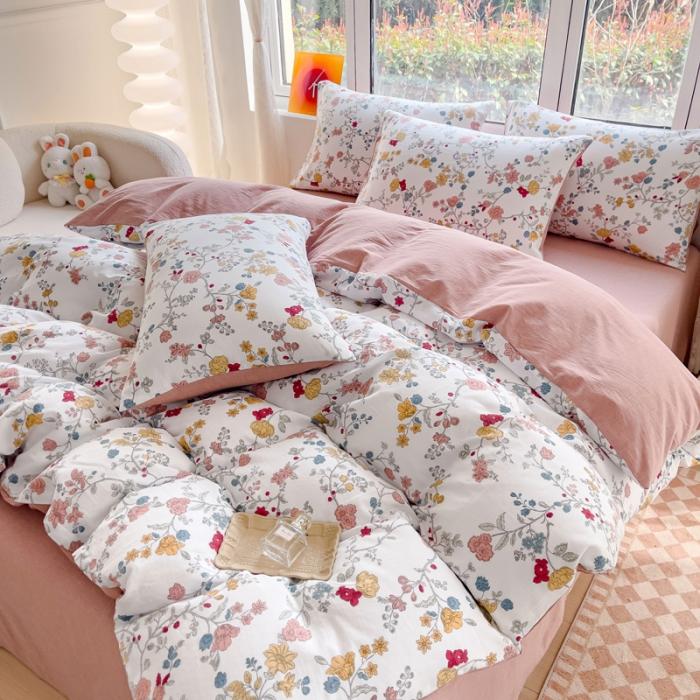 91家纺网 家纺一手货源 找家纺 苏东来2023全棉母婴双层纱印花四件套长绒纯棉麻色织提花磨毛夏被四件套 含苞欲放