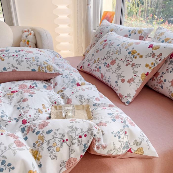 91家纺网 家纺一手货源 找家纺 苏东来2023全棉母婴双层纱印花四件套长绒纯棉麻色织提花磨毛夏被四件套 含苞欲放