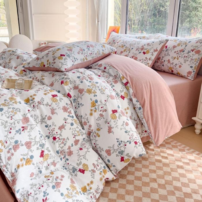 91家纺网 家纺一手货源 找家纺 苏东来2023全棉母婴双层纱印花四件套长绒纯棉麻色织提花磨毛夏被四件套 含苞欲放