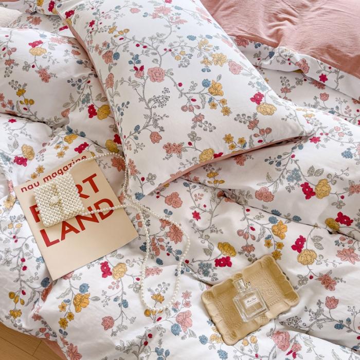 91家纺网 家纺一手货源 找家纺 苏东来2023全棉母婴双层纱印花四件套长绒纯棉麻色织提花磨毛夏被四件套 含苞欲放