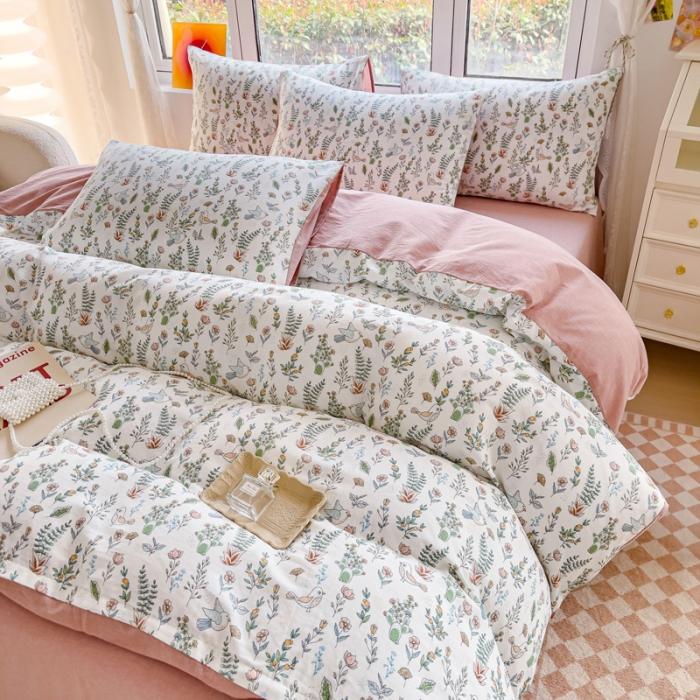 91家纺网 家纺一手货源 找家纺 苏东来2023全棉母婴双层纱印花四件套长绒纯棉麻色织提花磨毛夏被四件套 鸟语花香