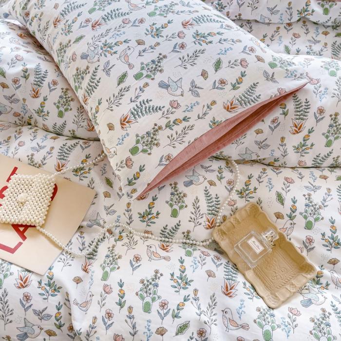 91家纺网 家纺一手货源 找家纺 苏东来2023全棉母婴双层纱印花四件套长绒纯棉麻色织提花磨毛夏被四件套 鸟语花香