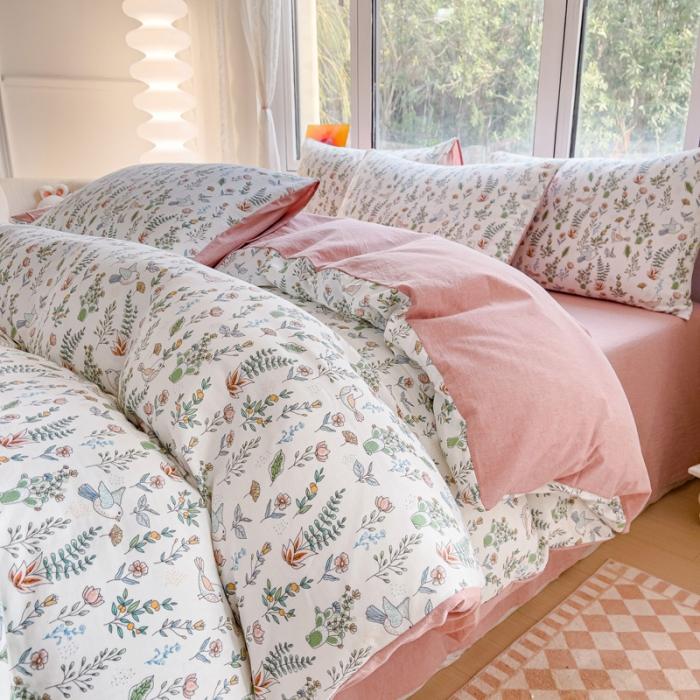91家纺网 家纺一手货源 找家纺 苏东来2023全棉母婴双层纱印花四件套长绒纯棉麻色织提花磨毛夏被四件套 鸟语花香