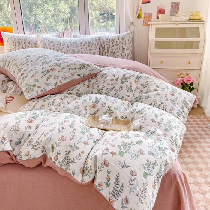 91家纺网 家纺一手货源 找家纺 苏东来2023全棉母婴双层纱印花四件套长绒纯棉麻色织提花磨毛夏被四件套 鸟语花香