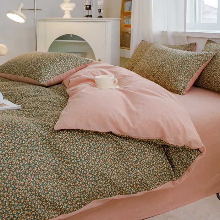 91家纺网 家纺一手货源 找家纺 苏东来2023全棉母婴双层纱印花四件套长绒纯棉麻色织提花磨毛夏被四件套 落英缤纷