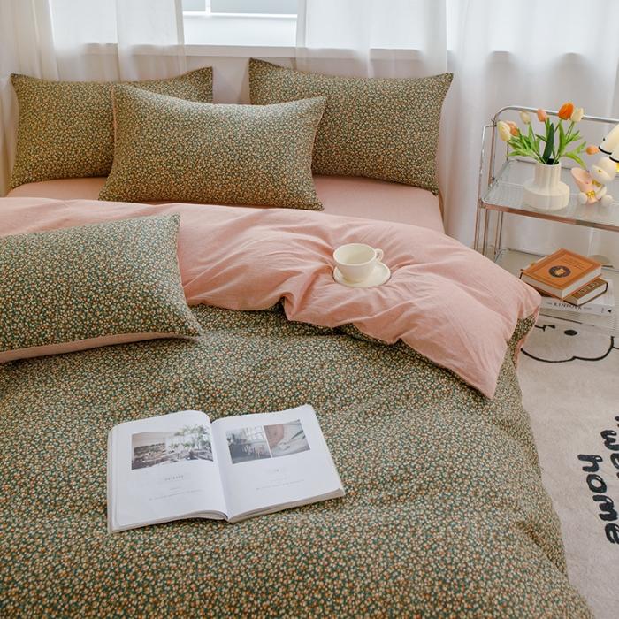 91家纺网 家纺一手货源 找家纺 苏东来2023全棉母婴双层纱印花四件套长绒纯棉麻色织提花磨毛夏被四件套 落英缤纷