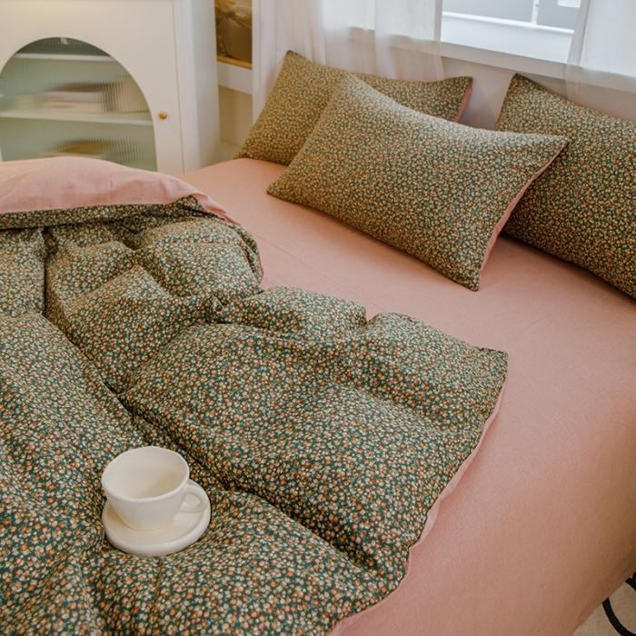 91家纺网 家纺一手货源 找家纺 苏东来2023全棉母婴双层纱印花四件套长绒纯棉麻色织提花磨毛夏被四件套 落英缤纷