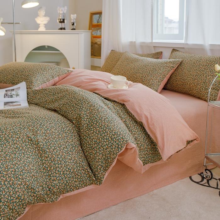 91家纺网 家纺一手货源 找家纺 苏东来2023全棉母婴双层纱印花四件套长绒纯棉麻色织提花磨毛夏被四件套 落英缤纷