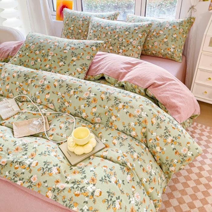 91家纺网 家纺一手货源 找家纺 苏东来2023全棉母婴双层纱印花四件套长绒纯棉麻色织提花磨毛夏被四件套 春暖花开